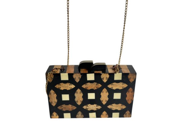 Handmade Geometric Bone Inlay and Wood Clutch Bag with Chain | Manufacturer & Wholesale Supplier