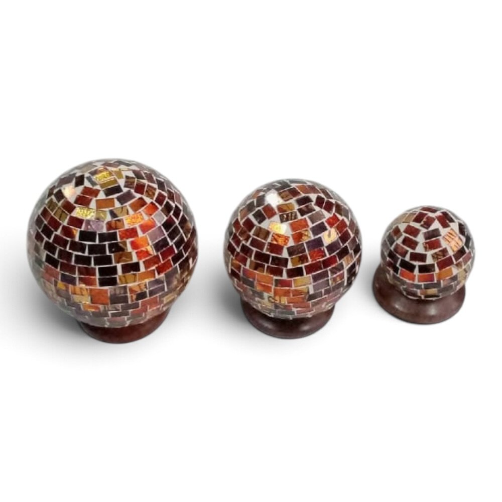 Handcrafted Amber Mosaic Glass Decorative Sphere Orbs with Wooden Stand (Set of 3)