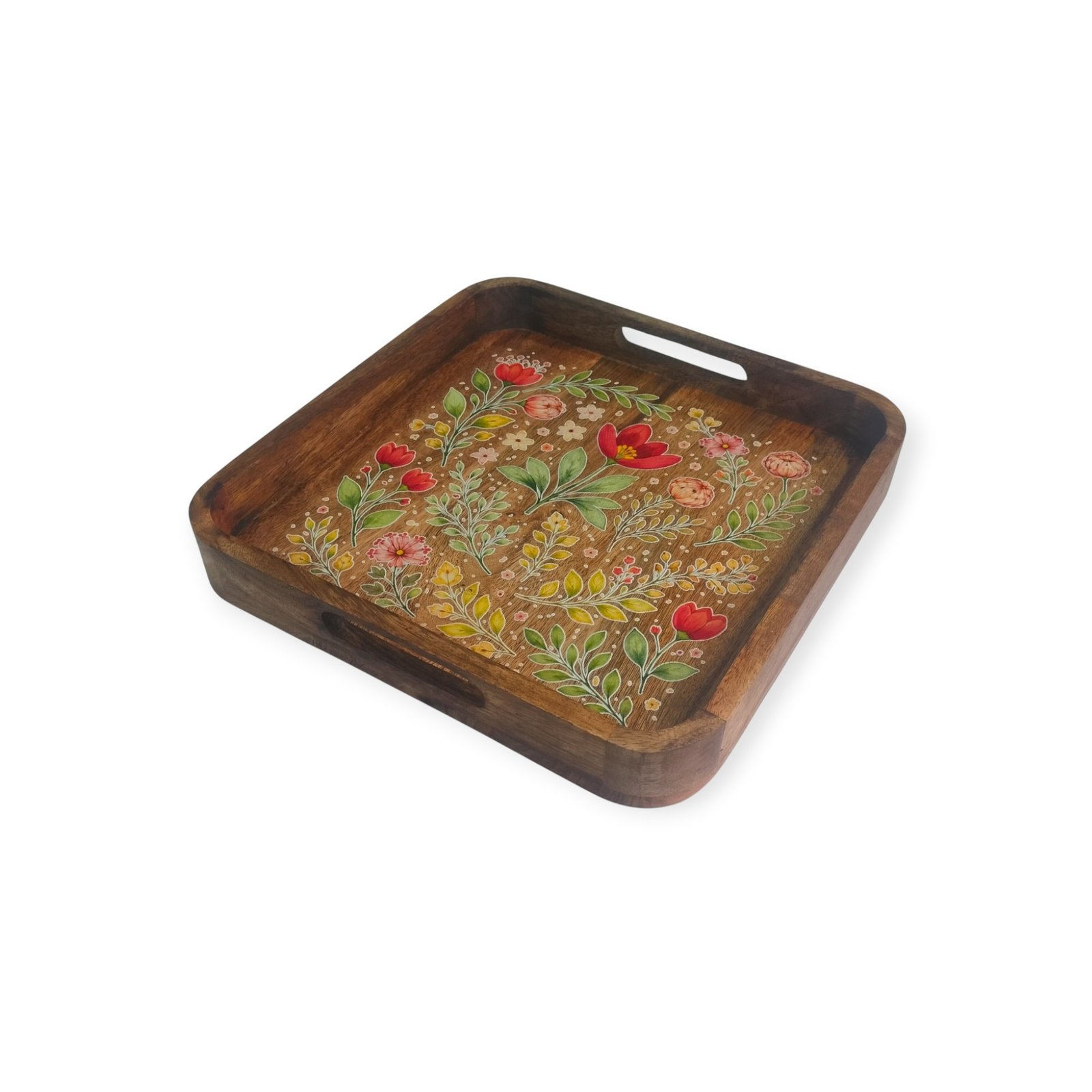 Handmade Wooden Floral Decorative Serving Tray with Handles | Home Decor Manufacturer