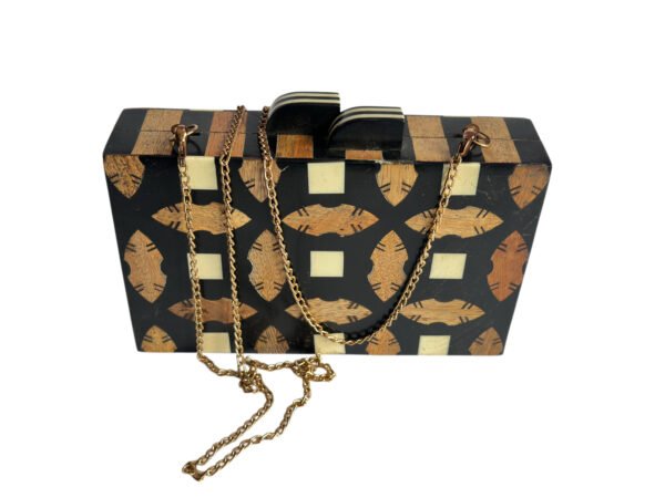 Handmade Geometric Bone Inlay and Wood Clutch Bag with Chain | Manufacturer & Wholesale Supplier