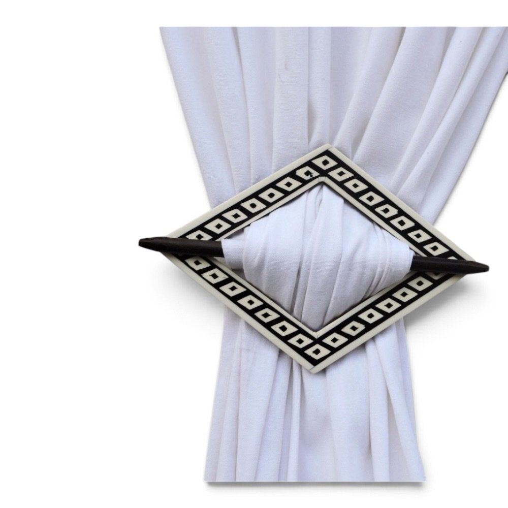 Handmade Bone and Resin Inlay Curtain Tieback Ring – Geometric Square Patterned Drapery Holdback