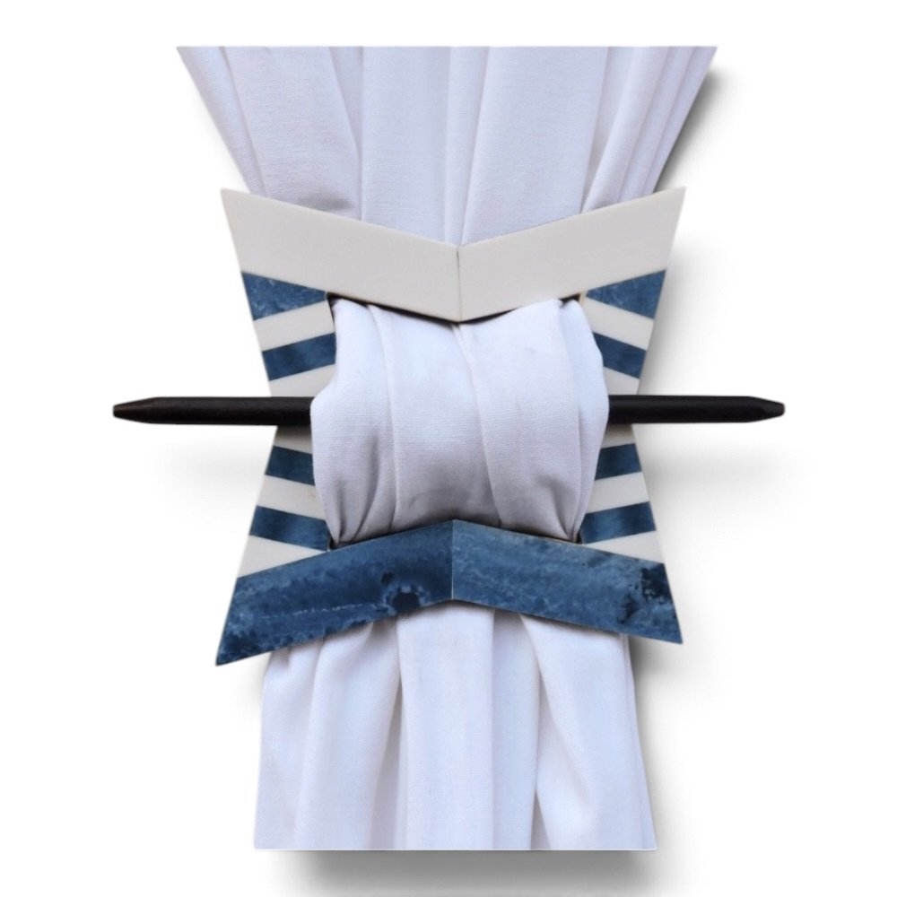 Handmade Bone and Resin Inlay Curtain Tieback Ring – Blue and White Striped Concave Drapery Holdback