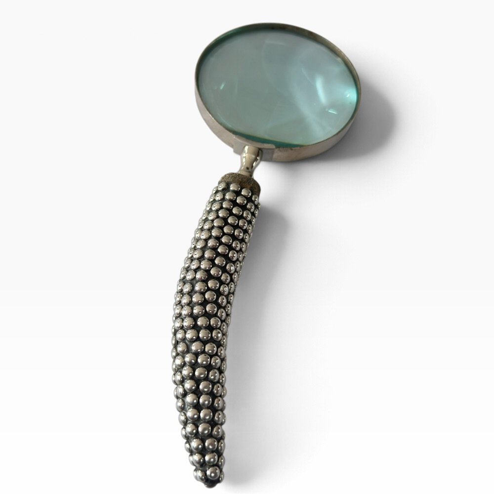 Handmade Beaded Metal Handle Magnifying Glass – Curved Studded Desktop and Study Accessory
