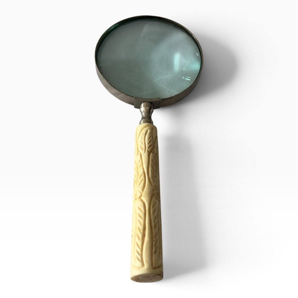 Vintage Metallic Magnifying Glass with Carved Leaf Pattern Handle - Image 2