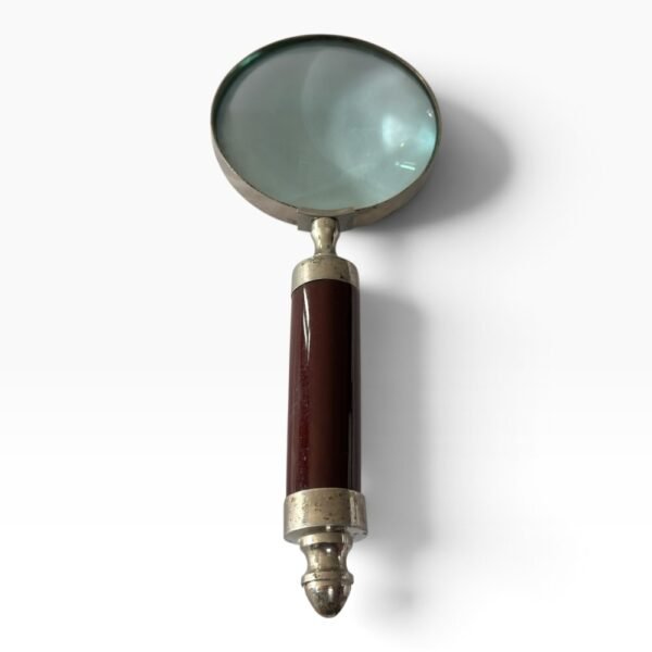 Vintage Metallic Magnifying Glass with Glossy Brown Handle for Reading and Decor