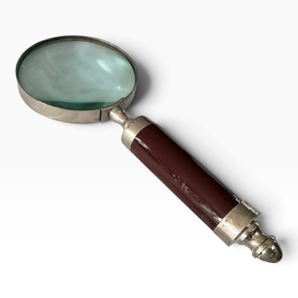 Vintage Metallic Magnifying Glass with Glossy Brown Handle for Reading and Decor