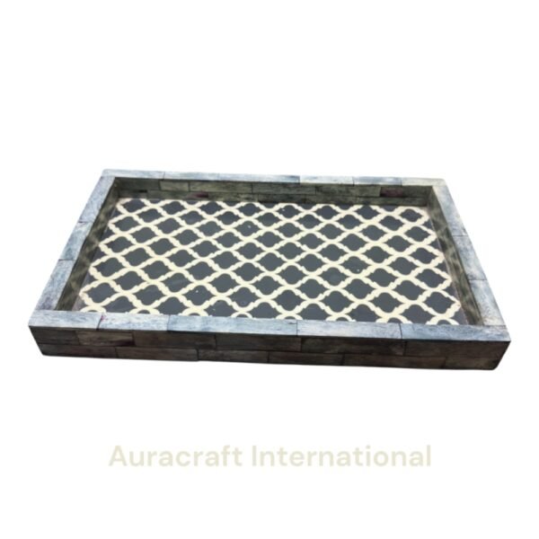 Handcrafted Bone Inlay Rectangular Serving Tray with Grey Trellis Pattern | Bulk Manufacturer & Exporter