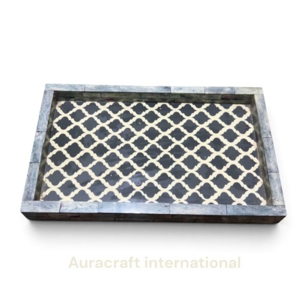 Handcrafted Bone Inlay Rectangular Serving Tray with Grey Trellis Pattern | Bulk Manufacturer & Exporter