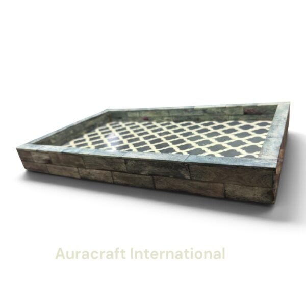 Handcrafted Bone Inlay Rectangular Serving Tray with Grey Trellis Pattern | Bulk Manufacturer & Exporter