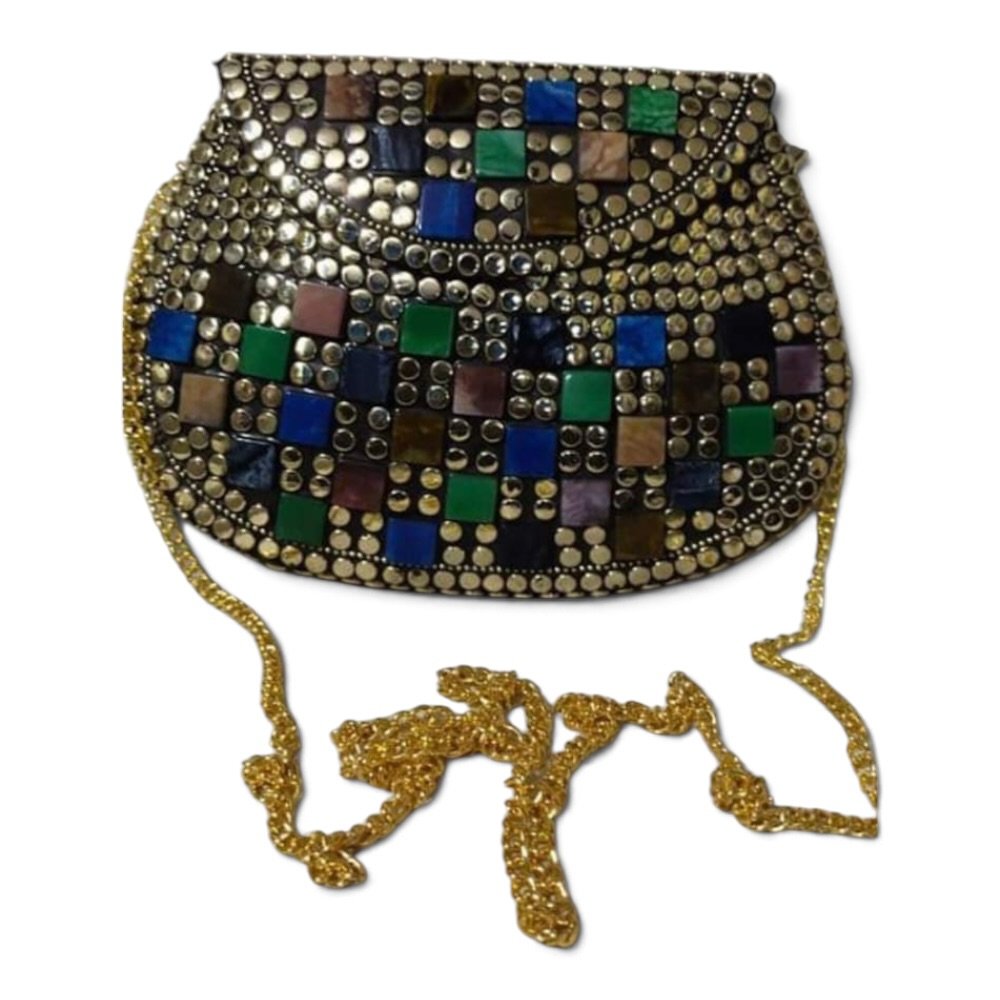 Handcrafted Brass Studded Checkered Stone Inlay Sling & Evening Clutch Bag | Bulk Manufacturer & Supplier