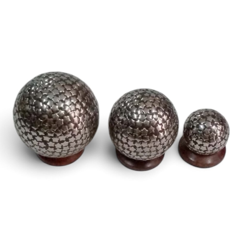 Handcrafted Metal Decorative Sphere Set with Star Pattern & Wooden Base | B2B Manufacturer & Supplier